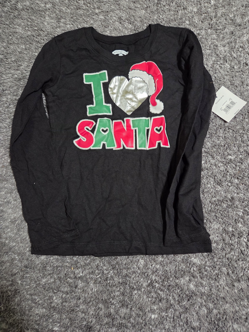 Holiday Time Black Long-Sleeve "I ♥ Santa" Tee with Red, Green & Silver Accents